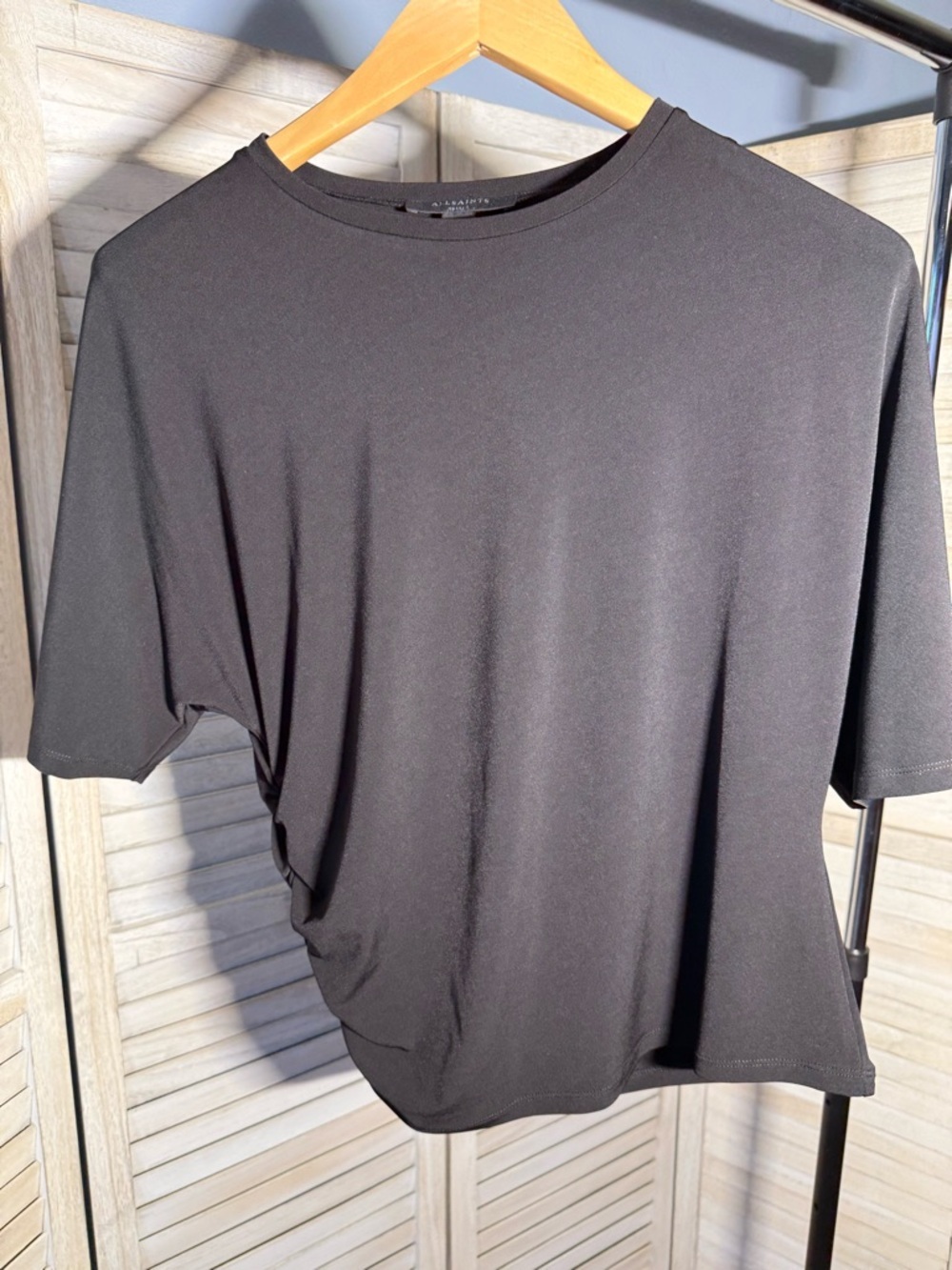NWOT AllSaints Black Ruched Side Drape Tee - Small - Picture 2 of 8
